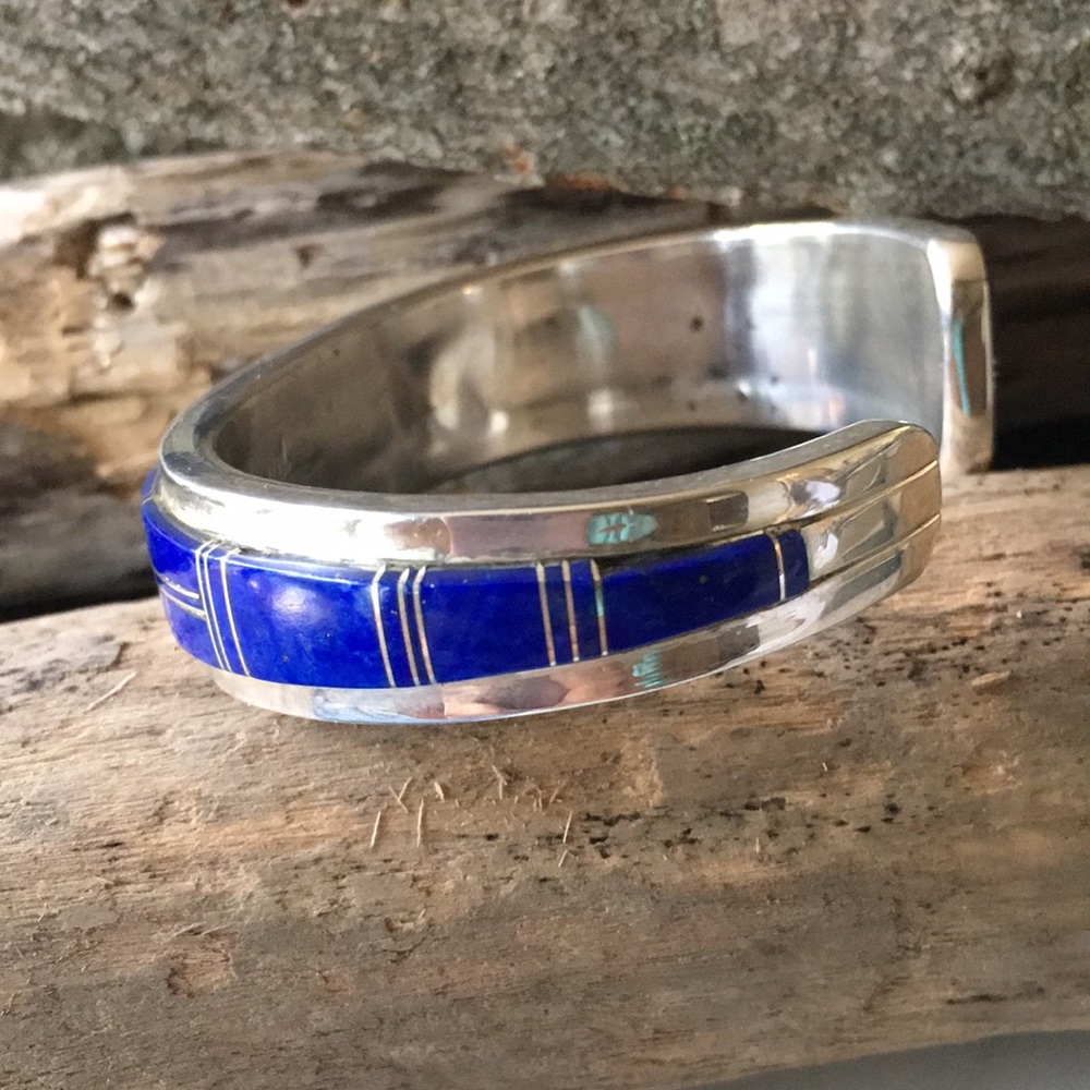 Vintage Navajo Native American Inlay Lapis Bracelet by Wilbur Yazzie - Picture 9 of 14